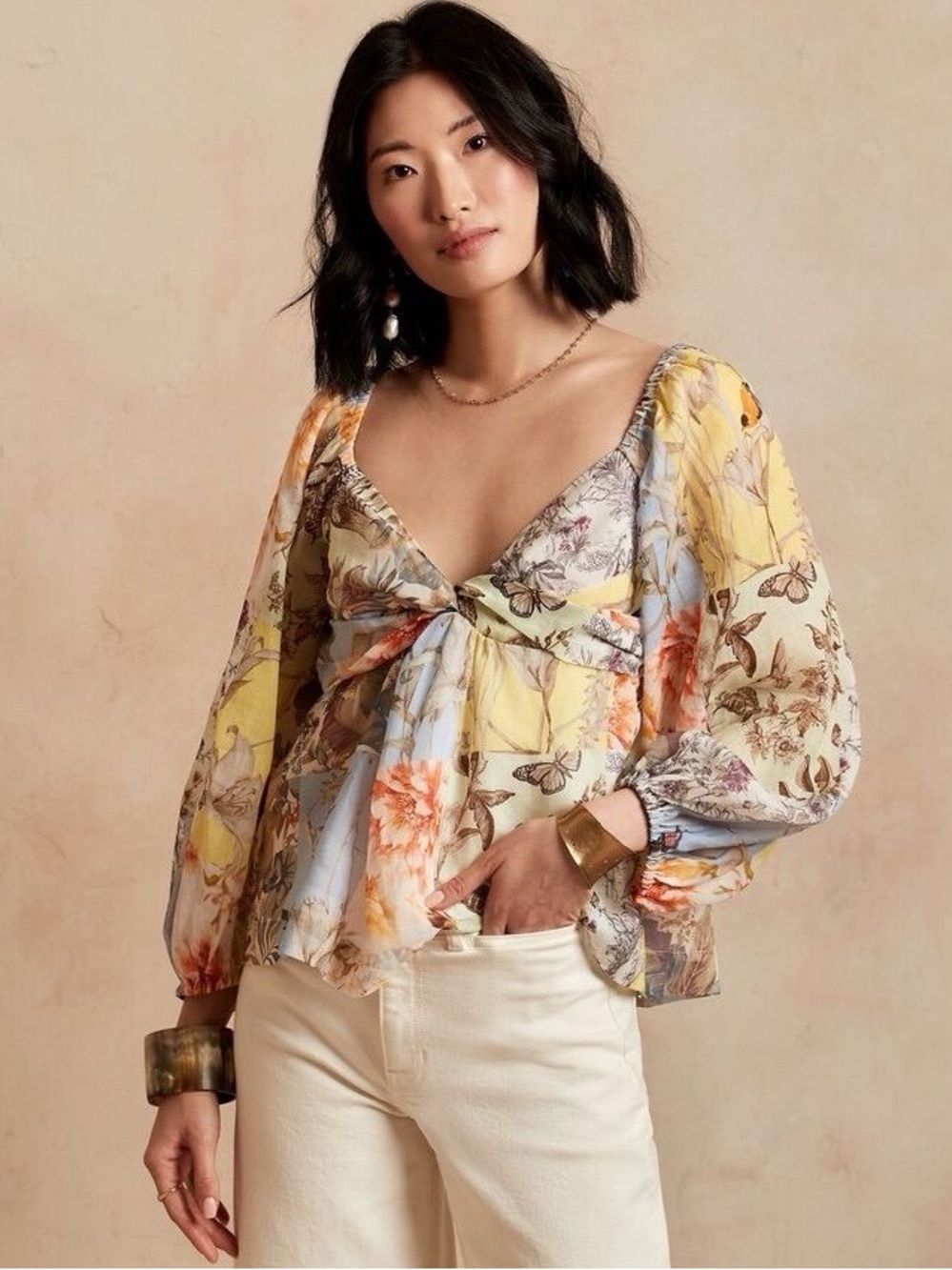 Banana Republic Patchwork Botanical Ramie Blouse Cottagecore Boho Small Tall